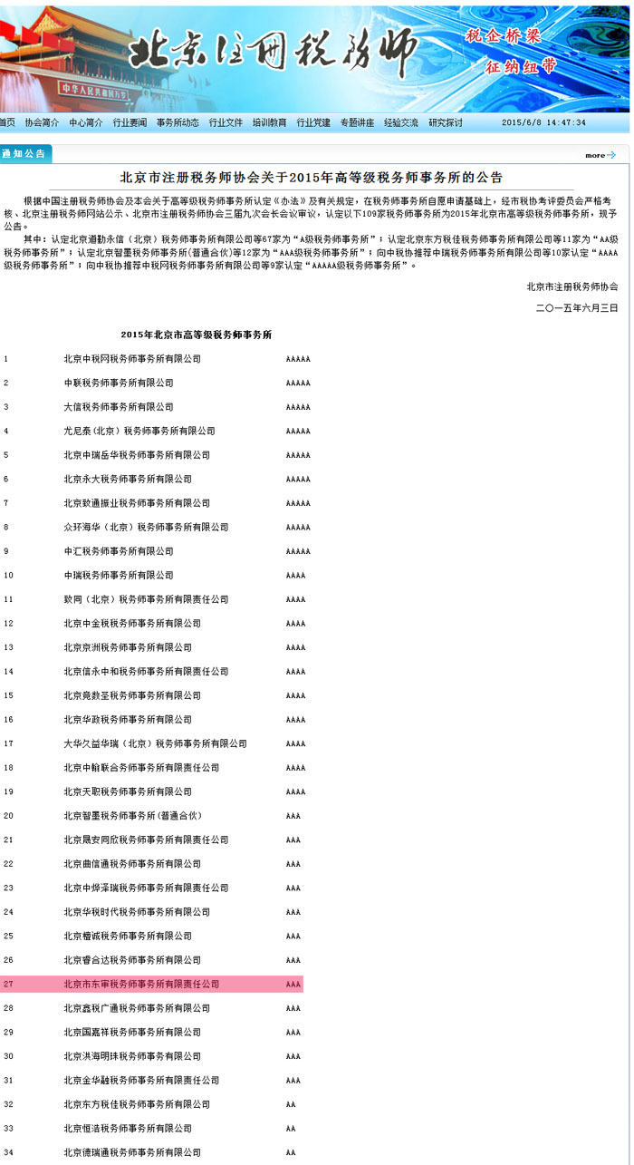 北京市注册税务师协会关于2015年高等级税务师事务所的公告